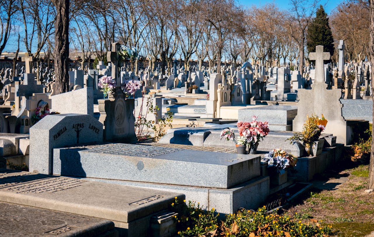 Sunlit cemetery adorned with tombstones and flower arrangements during autumn.